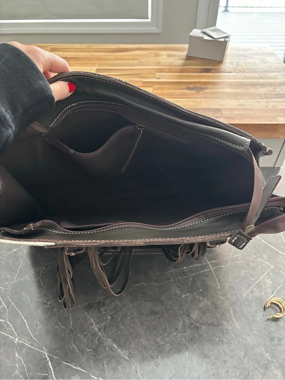 Brown Tooled Floral Fringe Tote Bag